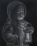 Framed black and white artwork of a kid holding a lantern against a blurred natural background