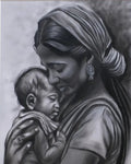 Framed artwork of a woman holding a child against a blurred natural background