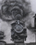 Black and white illustration of a steam locomotive with smoke billowing from its chimney.