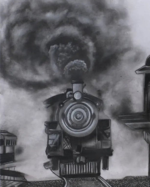 Black and white illustration of a steam locomotive with smoke billowing from its chimney.