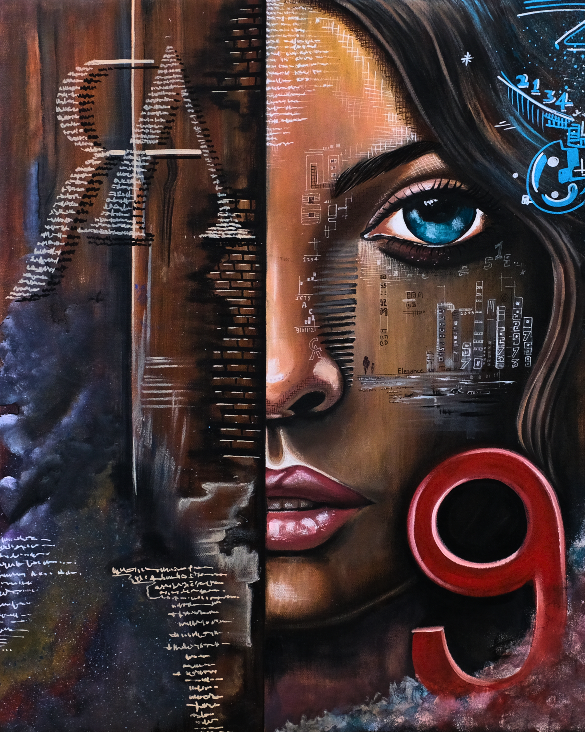 Artistic depiction of a woman's face with abstract elements on a white background