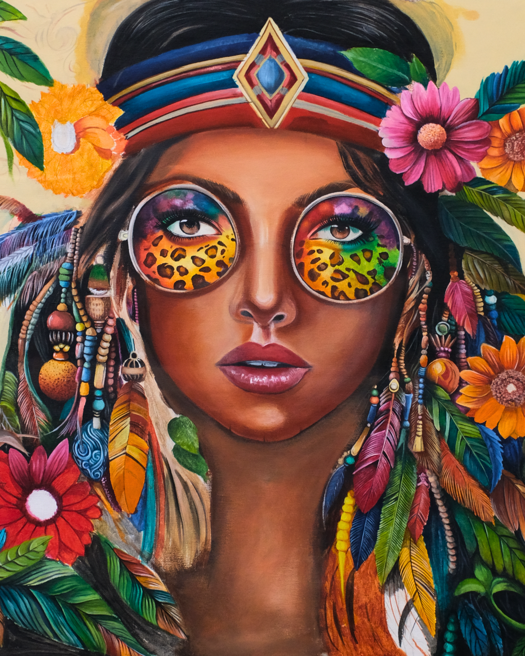 Canvas print of a colorful depiction of a woman with flowers and feathers on a white background