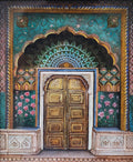 Decorative painting of an ornate door with floral elements on a dark background