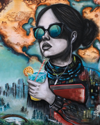 Canvas print of a stylized woman holding a drink with a cityscape and nature elements in the background.