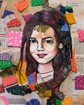 Collage art of a person with colorful patterns on a textured surface