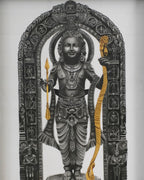 Framed artwork of a deity statue with intricate details on a textured beige background