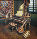 Decorative painting of a room with a piano, guitar, and lamp.