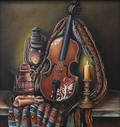 Painting of a violin with decorative elements on a dark background