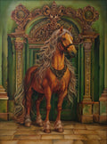 Painting of a majestic horse in front of an ornate archway with a green background.