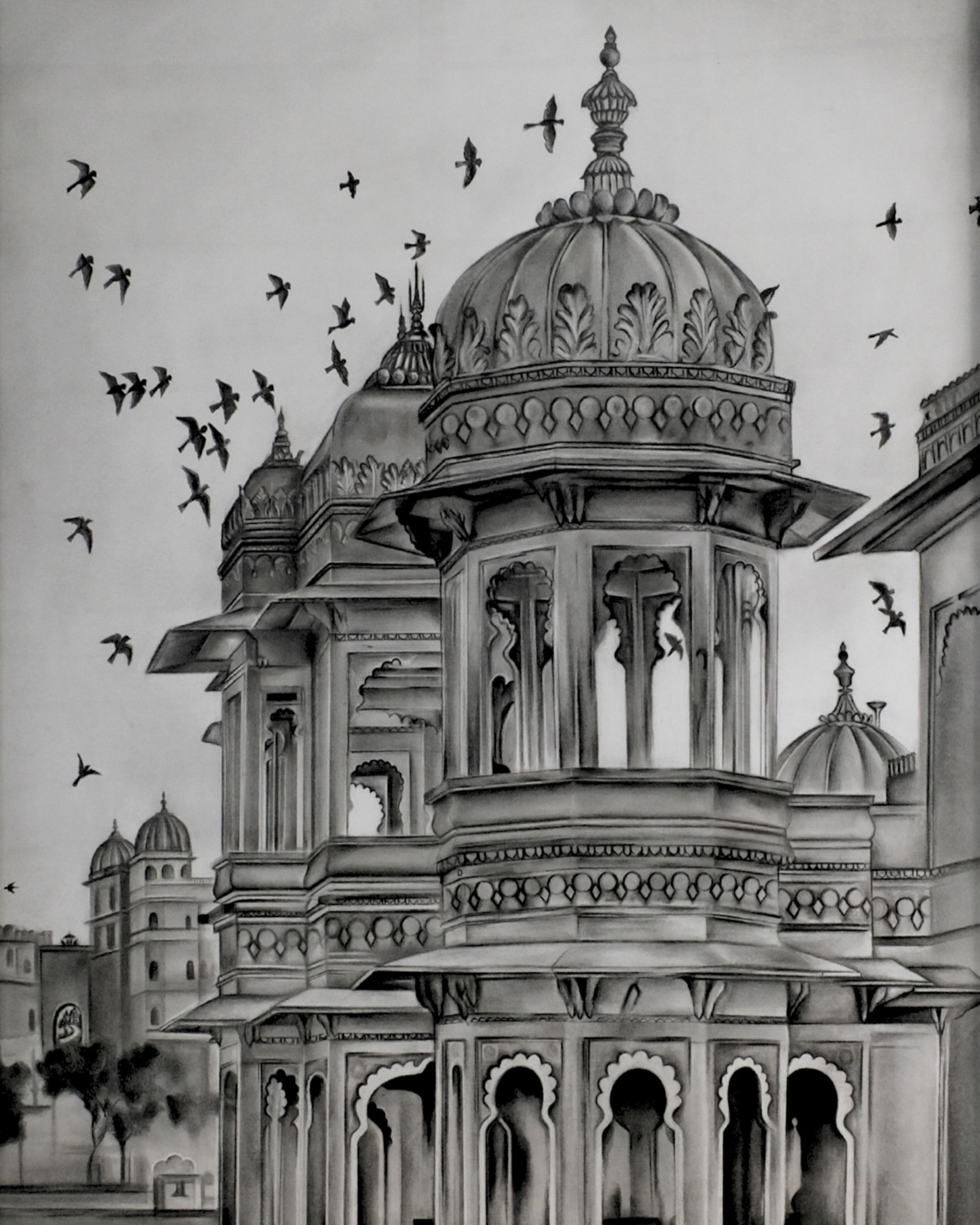Artistic black and white illustration of a architectural structure with decorative border on textured beige background