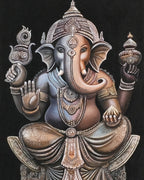 Decorative depiction of a deity with intricate details on a black background
