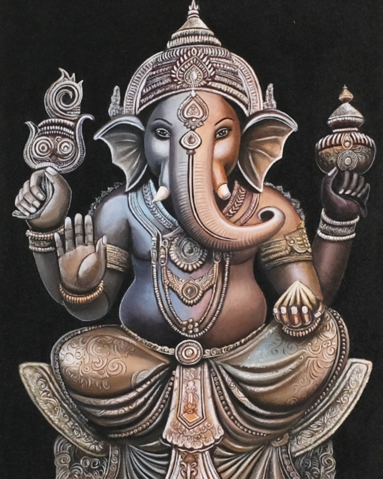 Decorative depiction of a deity with intricate details on a black background