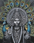 Decorative piece with a central figure surrounded by peacock feathers