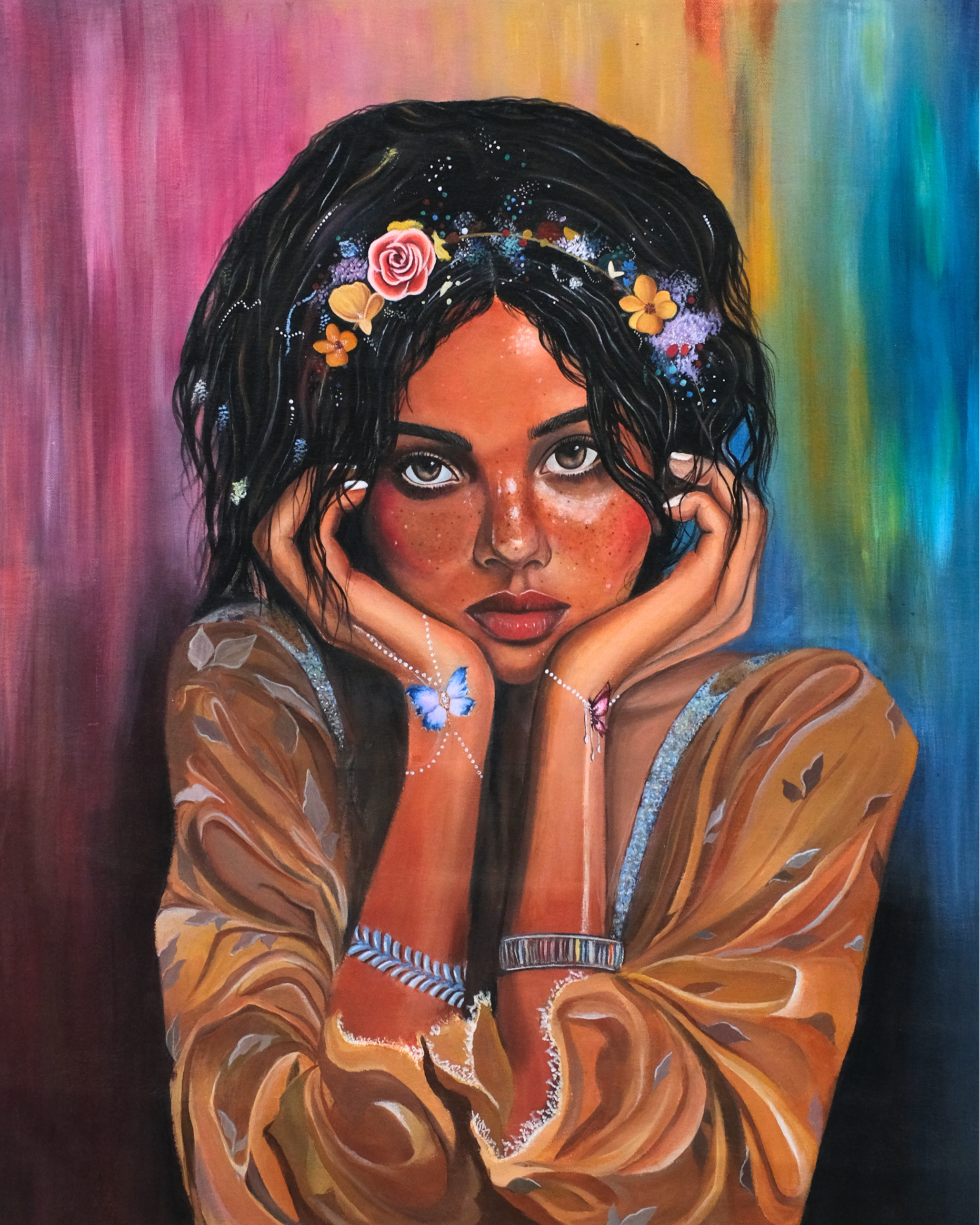 Canvas print of a woman with flowers in her hair against a colorful background