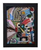 Original contemporary abstract acrylic painting featuring geometric shapes, bold colours, layered textures and graphic patterns.