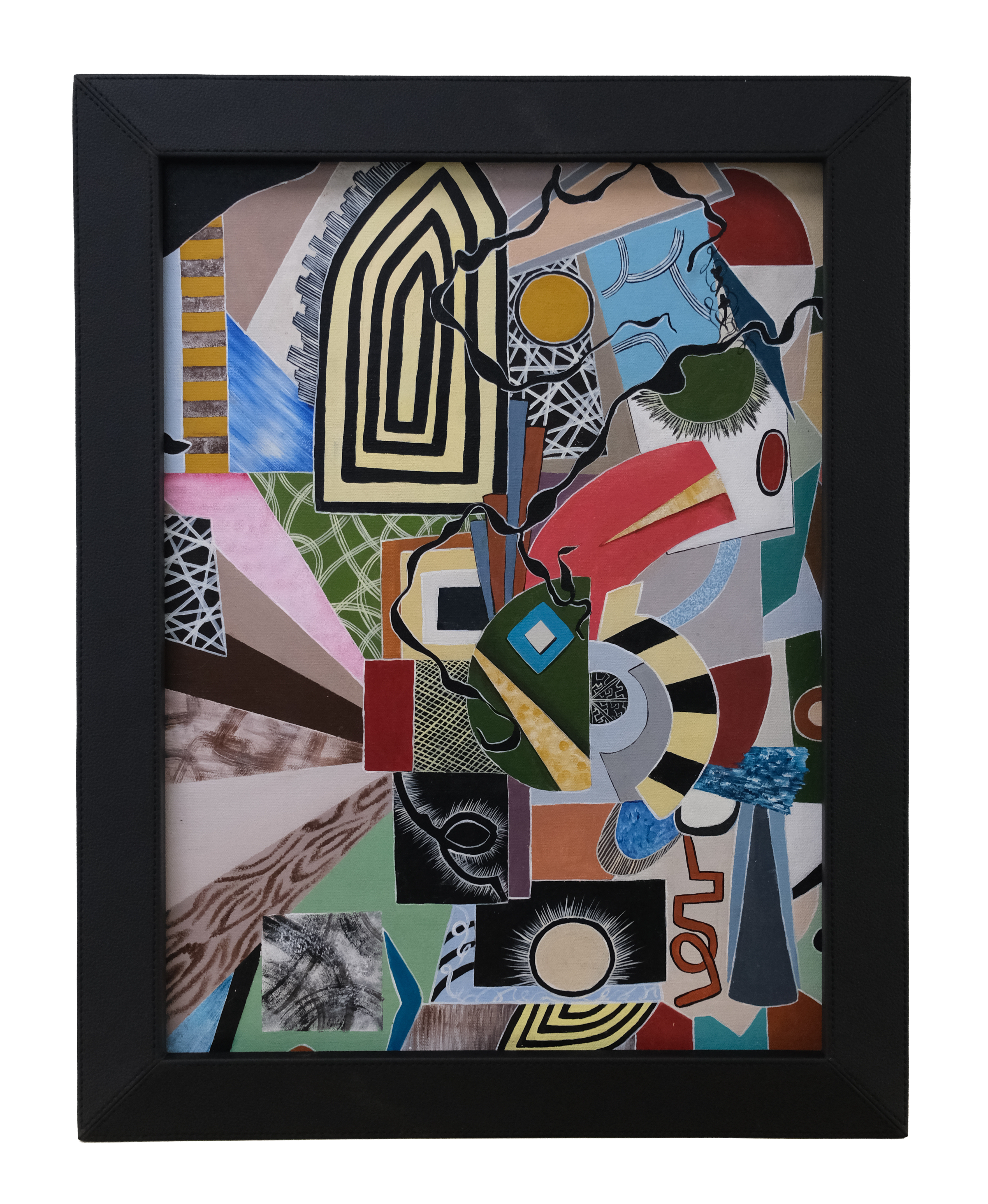 Original contemporary abstract acrylic painting featuring geometric shapes, bold colours, layered textures and graphic patterns.