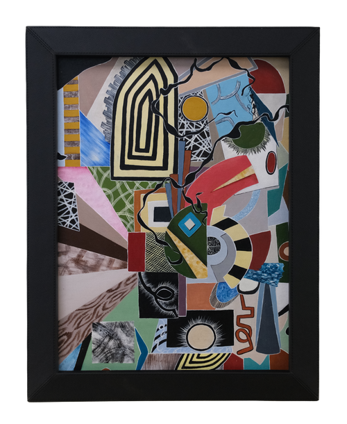 Original contemporary abstract acrylic painting featuring geometric shapes, bold colours, layered textures and graphic patterns.