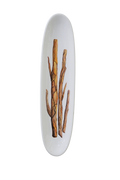Decorative acrylic plate artwork featuring slender natural tree branches with detailed bark textures in warm brown and ochre tones.
