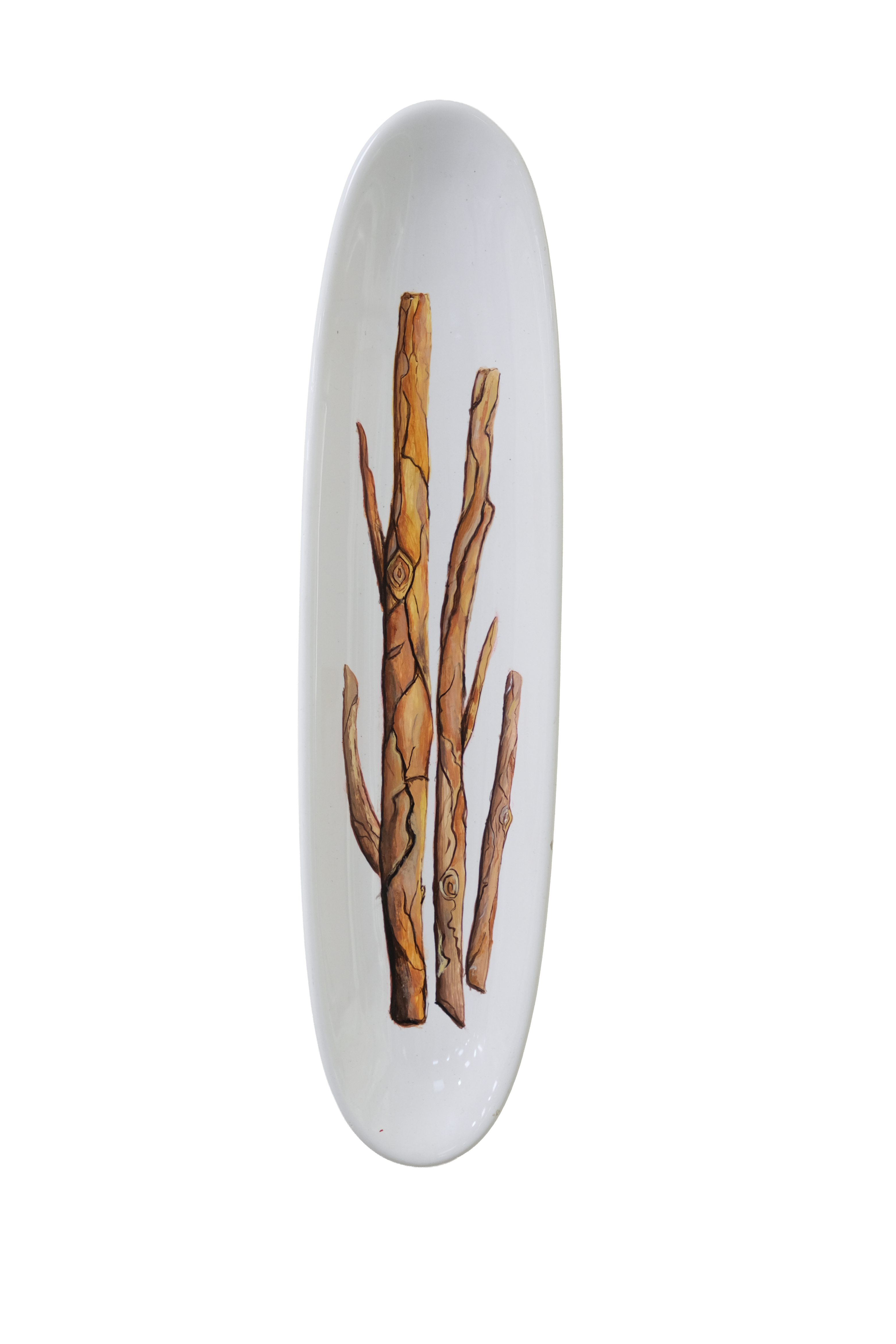 Decorative acrylic plate artwork featuring slender natural tree branches with detailed bark textures in warm brown and ochre tones.