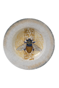 Decorative acrylic plate artwork featuring a detailed golden and blue bee surrounded by botanical and ornamental motifs.