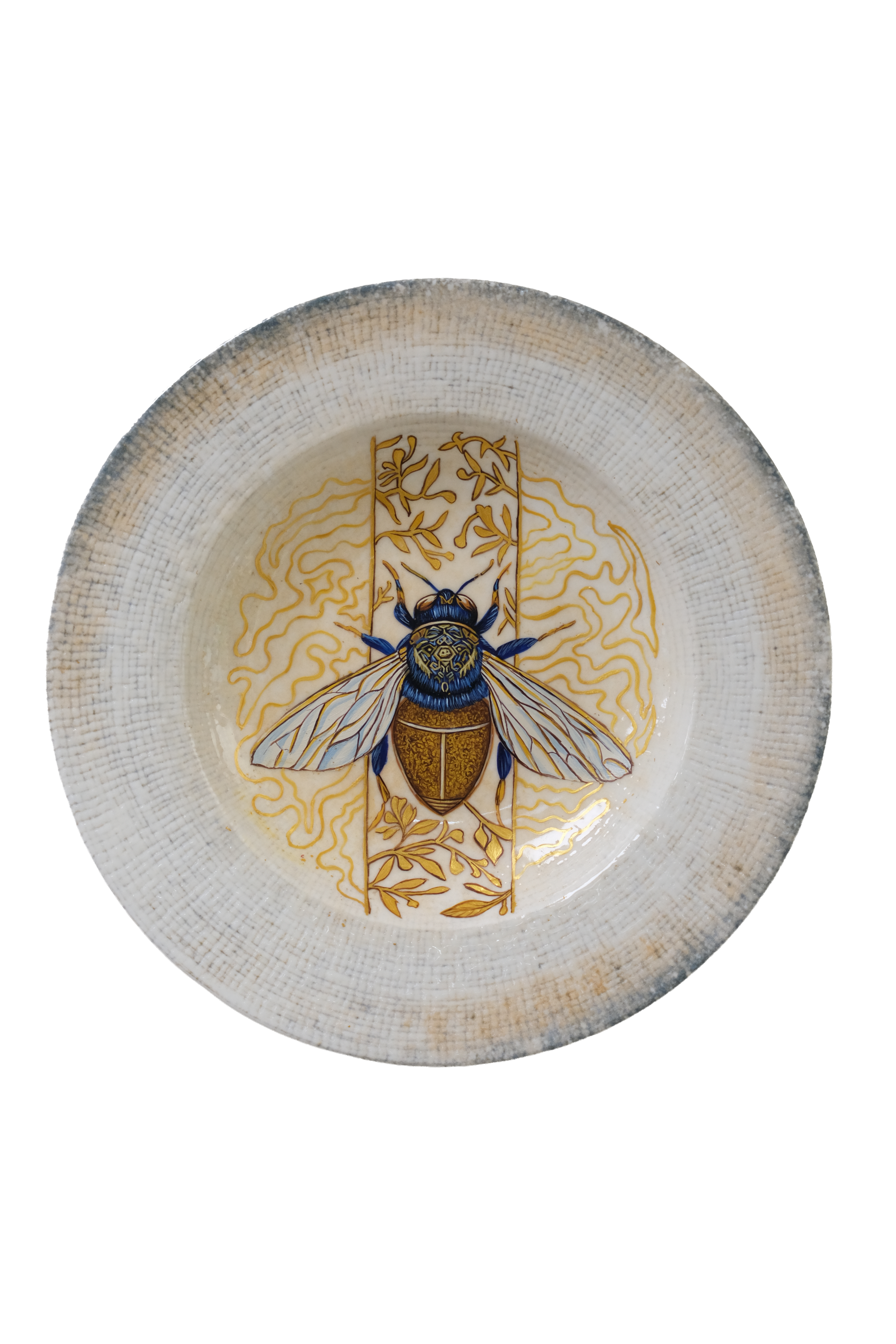 Decorative acrylic plate artwork featuring a detailed golden and blue bee surrounded by botanical and ornamental motifs.