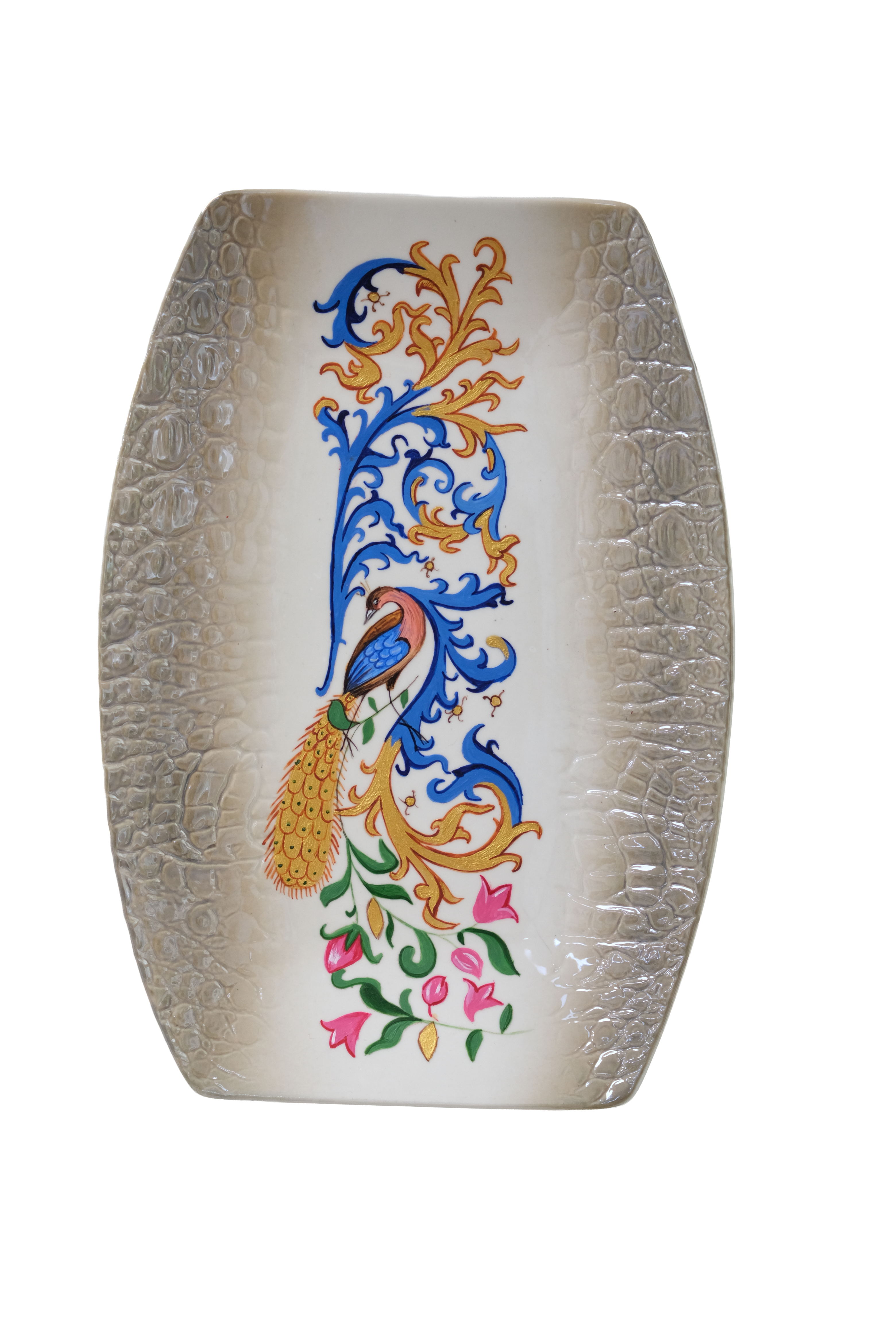 Decorative acrylic plate artwork featuring a colourful peacock surrounded by floral and ornamental motifs.