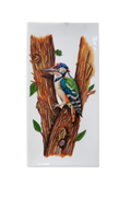 Decorative acrylic plate artwork featuring a colorful woodpecker perched on a textured tree trunk with green leaves.