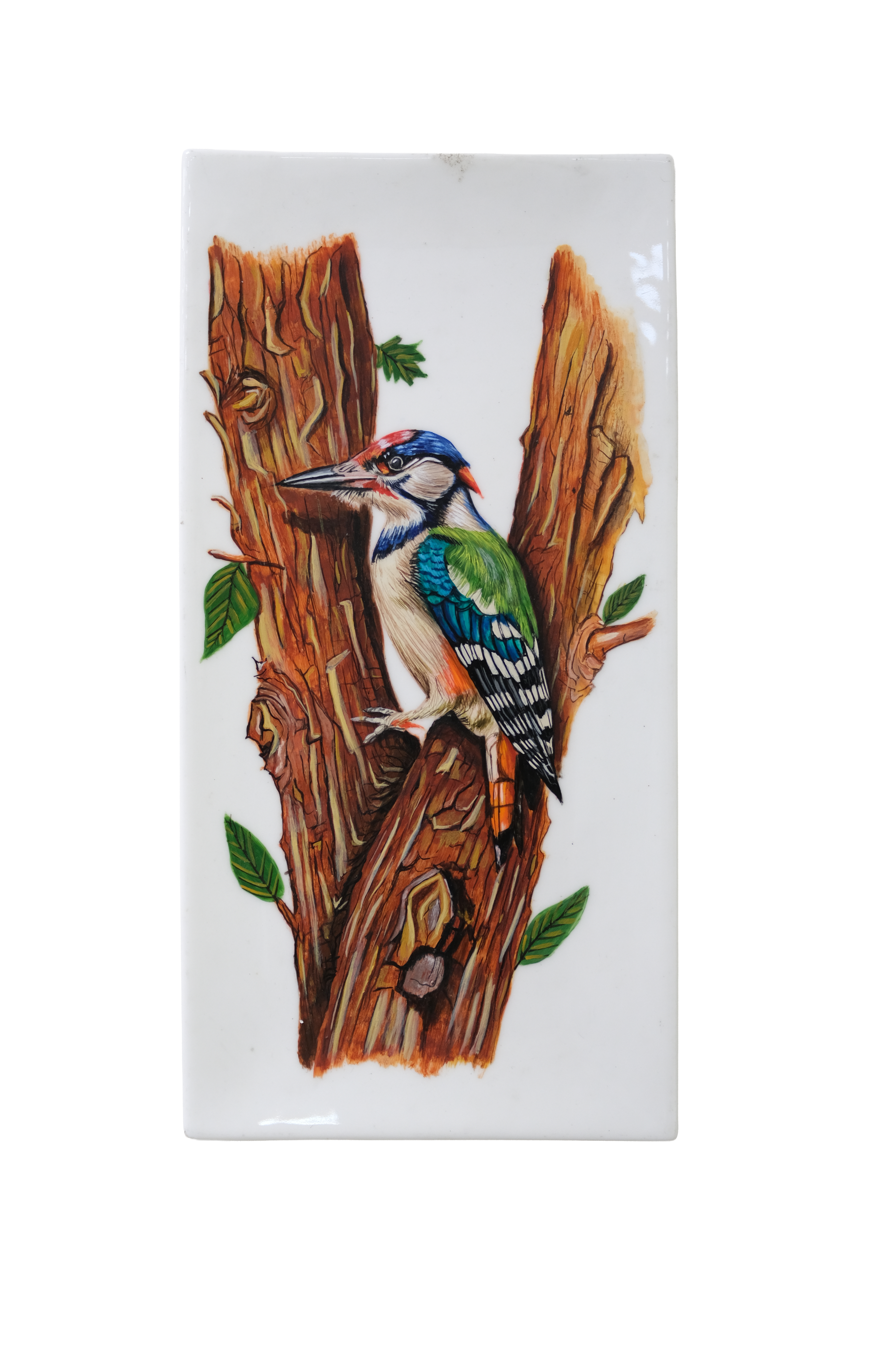 Decorative acrylic plate artwork featuring a colorful woodpecker perched on a textured tree trunk with green leaves.