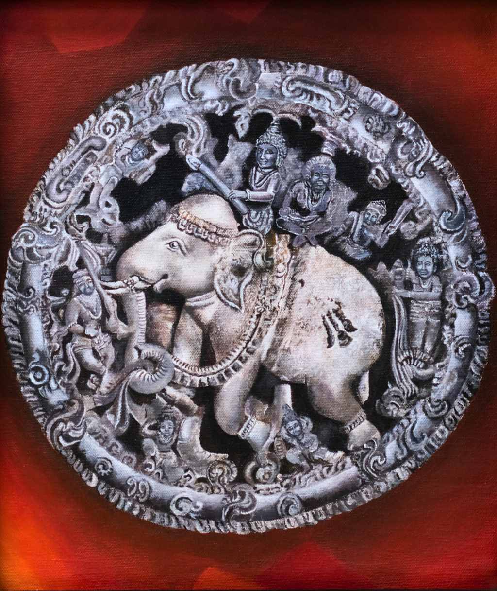 Original acrylic artwork depicting an elephant inspired by ancient Indian temple stone carvings with intricate circular relief detailing.