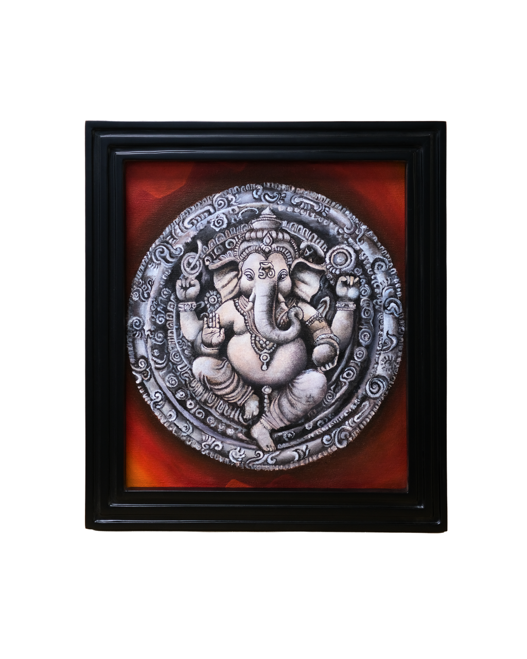 Original acrylic artwork of Lord Ganesha inspired by ancient Indian temple stone carvings with a striking crimson background.