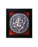 Original acrylic artwork of Lord Ganesha inspired by ancient Indian temple stone carvings with a striking crimson background.