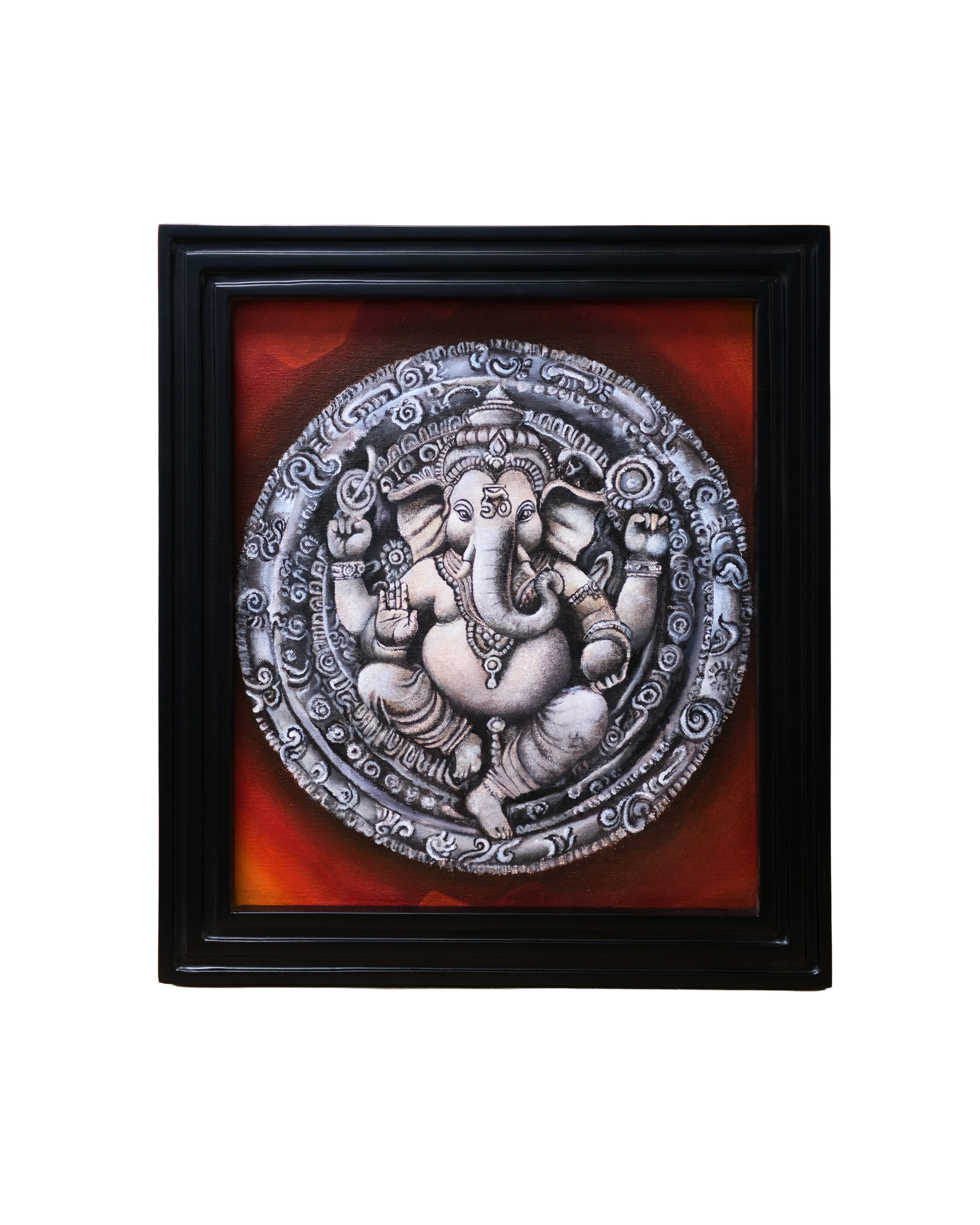 Original acrylic artwork of Lord Ganesha inspired by ancient Indian temple stone carvings with a striking crimson background.
