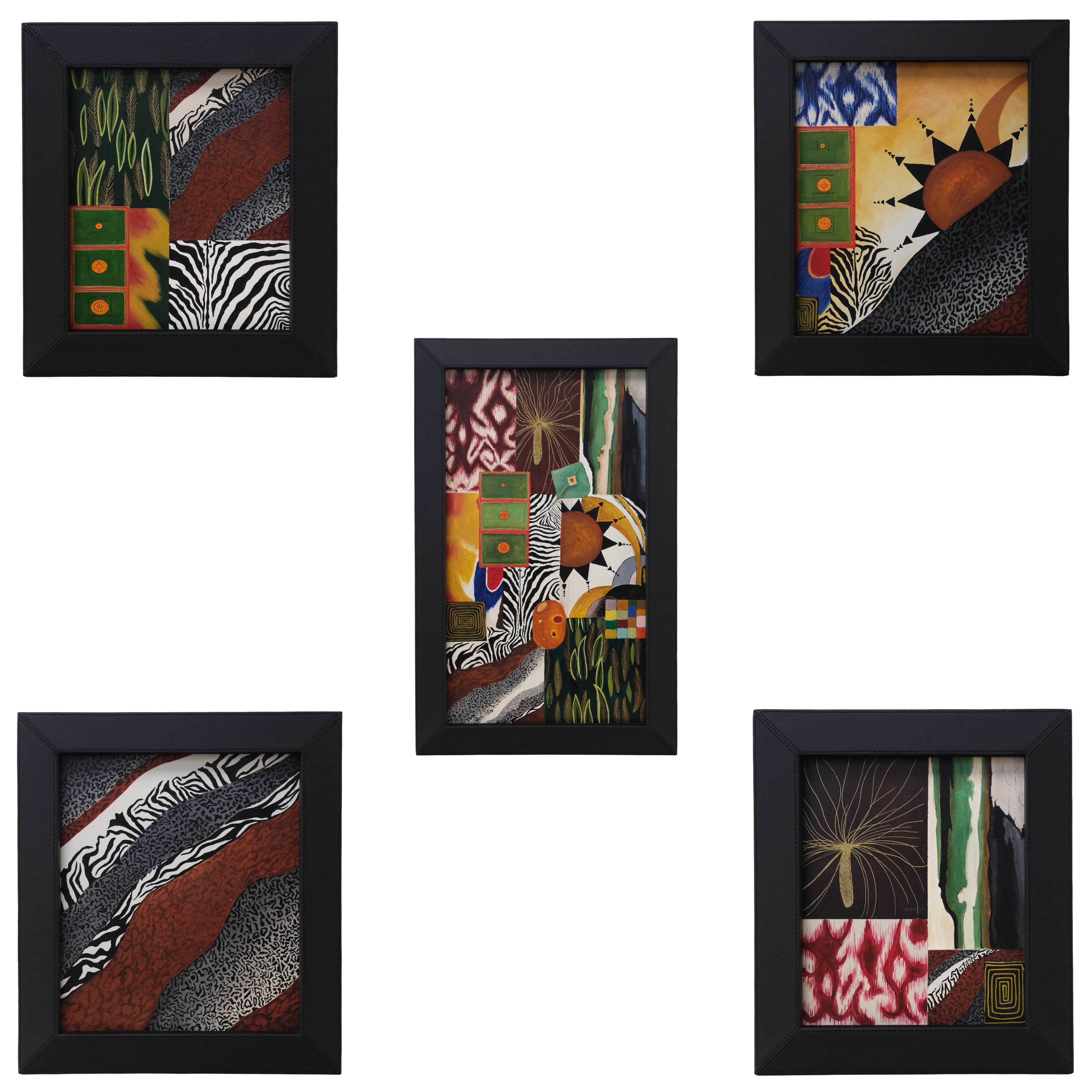 Crossroads abstract acrylic painting featuring layered geometric patterns in a set of 5