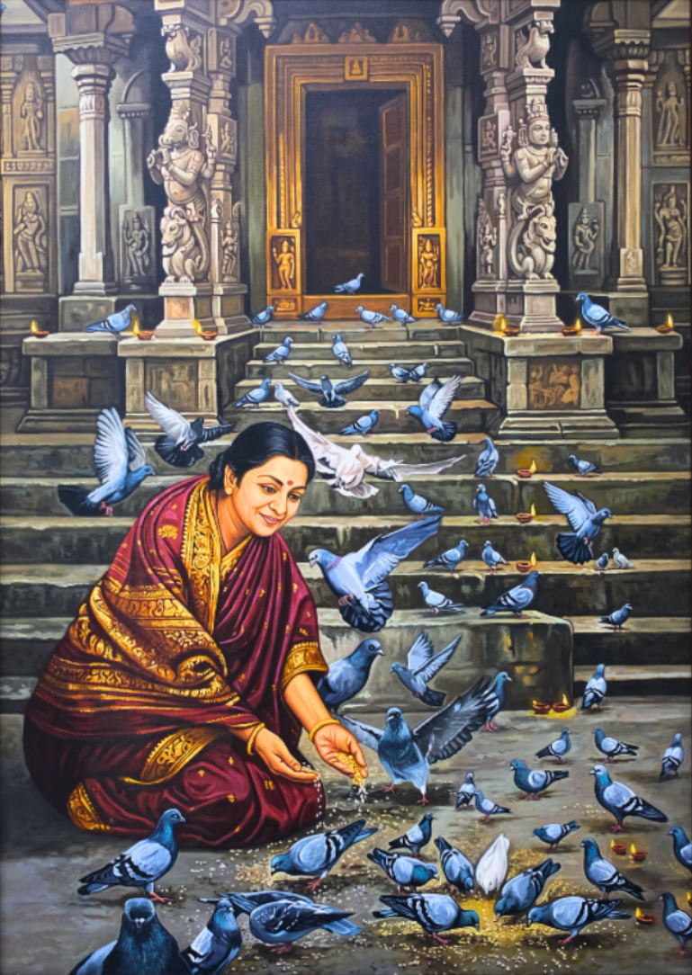 Feeding the Flock | Spiritual Temple Courtyard Oil Painting