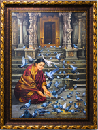 Original oil painting of a woman feeding pigeons in a traditional Indian temple courtyard, featuring intricate stone architecture and a peaceful spiritual atmosphere.