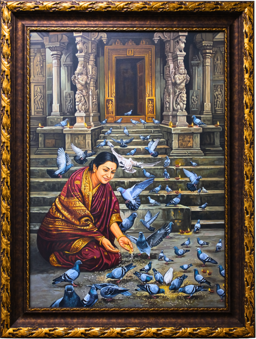 Original oil painting of a woman feeding pigeons in a traditional Indian temple courtyard, featuring intricate stone architecture and a peaceful spiritual atmosphere.