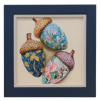 Original acrylic botanical painting featuring four colourful acorns decorated with intricate floral and leaf patterns, inspired by the beauty of the forest.