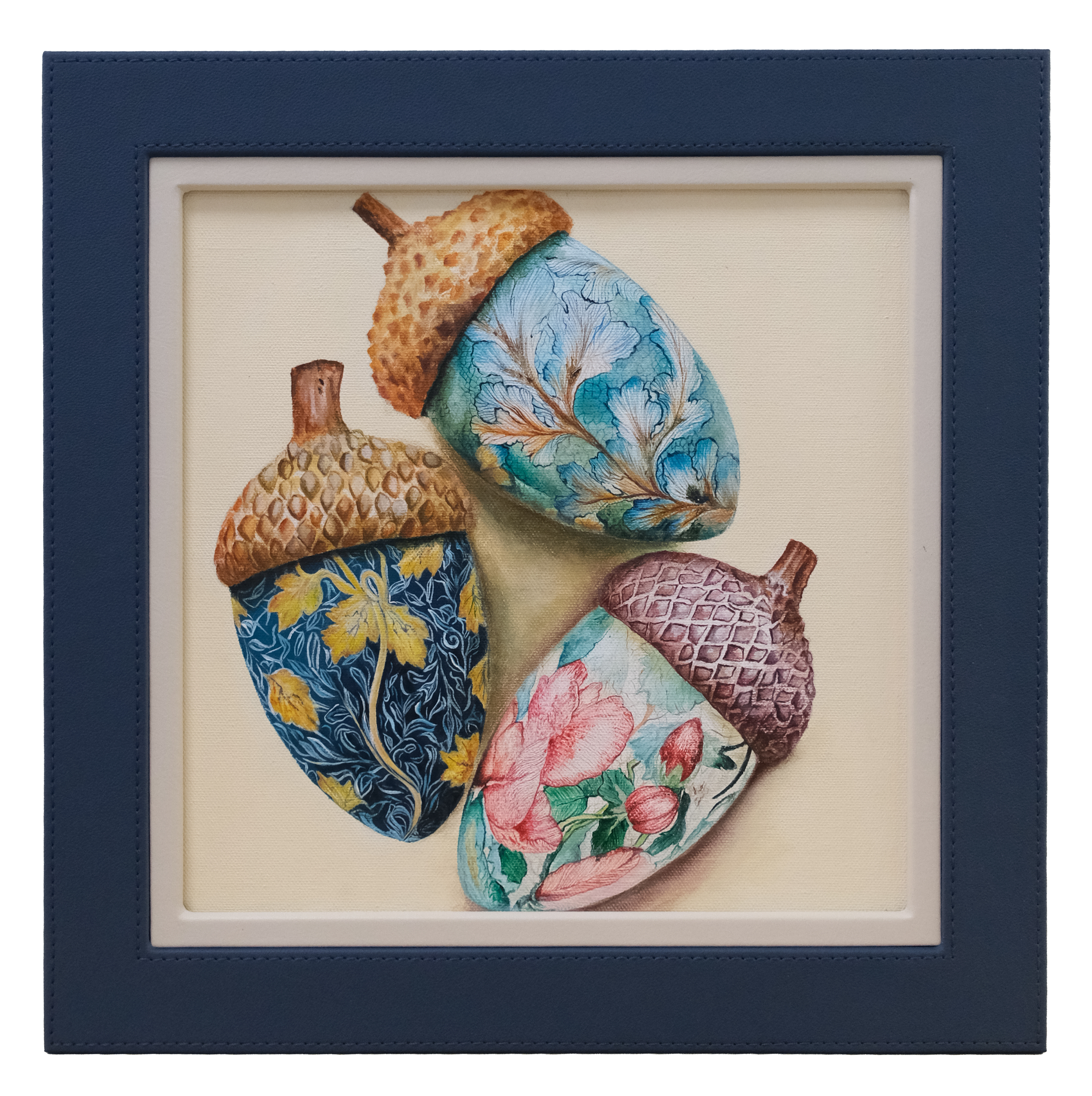 Original acrylic botanical painting featuring four colourful acorns decorated with intricate floral and leaf patterns, inspired by the beauty of the forest.