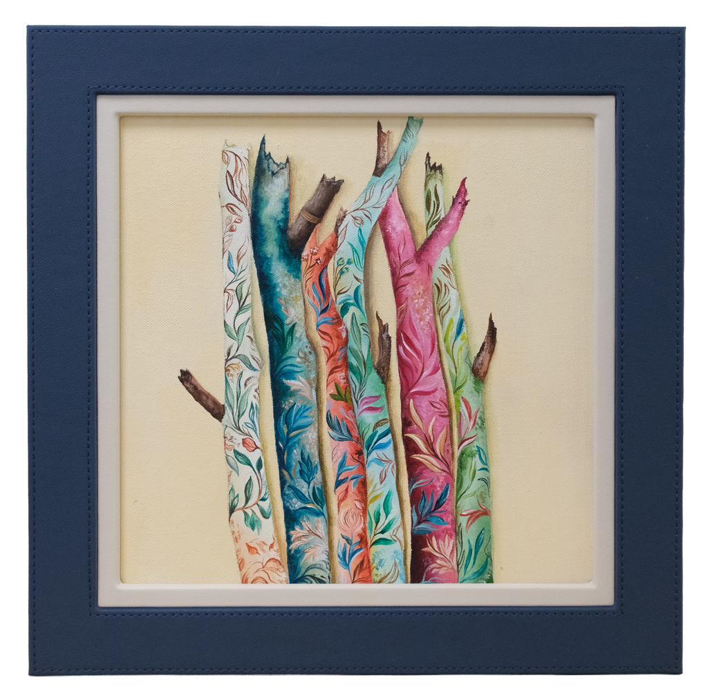 Original acrylic botanical painting featuring colourful branches decorated with intricate leaves and floral patterns, inspired by the natural beauty of the forest.