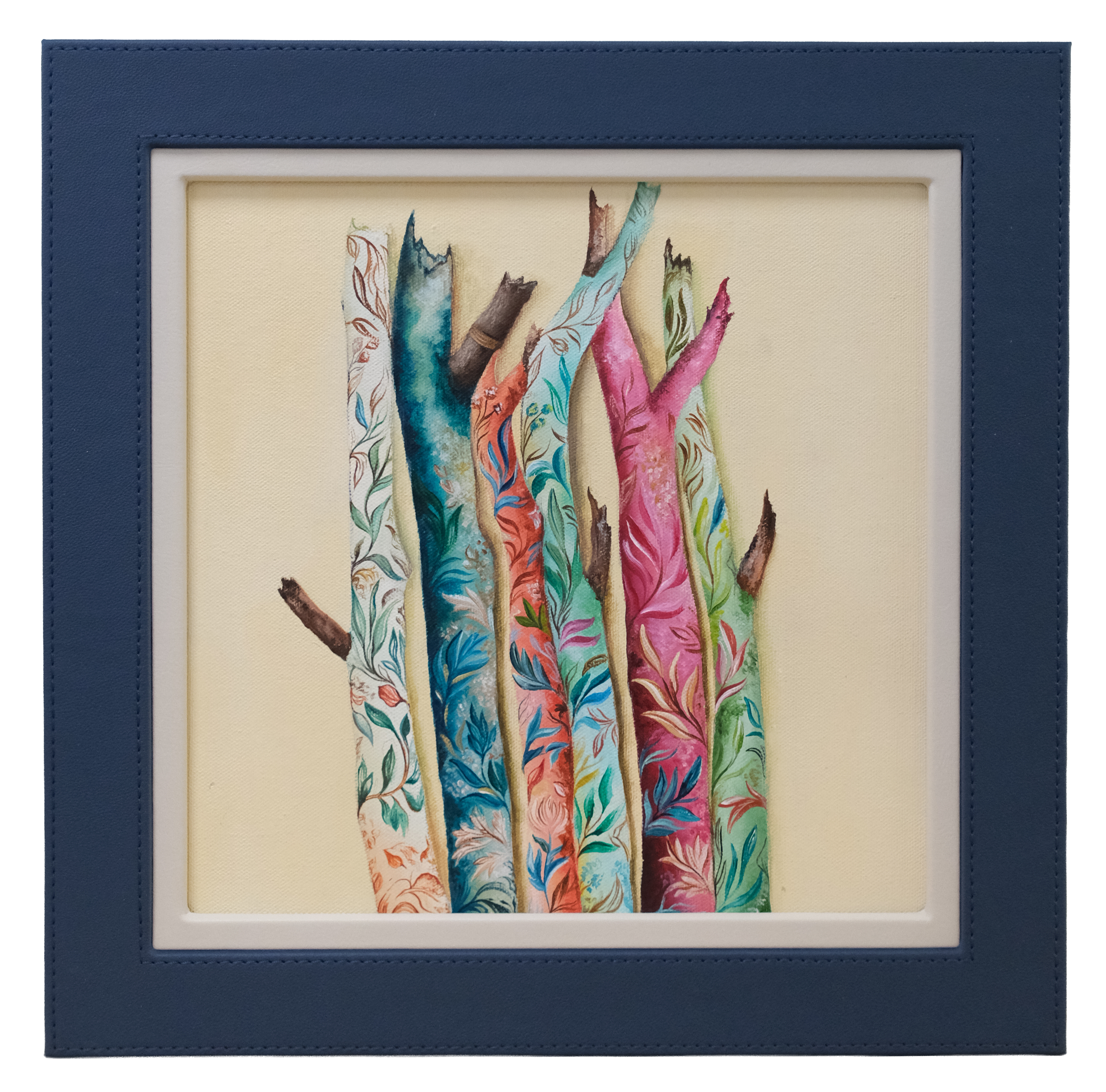 Original acrylic botanical painting featuring colourful branches decorated with intricate leaves and floral patterns, inspired by the natural beauty of the forest.