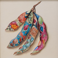 Original acrylic botanical painting featuring colourful forest elements, mushrooms, acorns, branches, and intricate natural patterns.