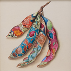 Original acrylic botanical painting featuring colourful forest elements, mushrooms, acorns, branches, and intricate natural patterns.
