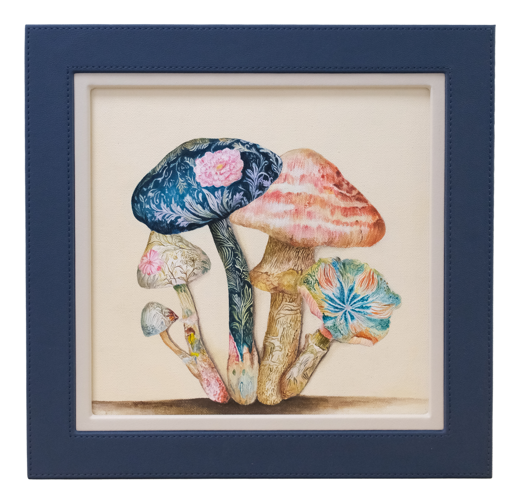Original acrylic botanical painting featuring intricately detailed colourful mushrooms inspired by the natural beauty of the forest floor.