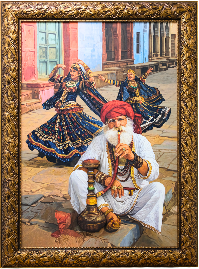 Original oil painting featuring Rajasthan's Ghoomar folk dancers, an elderly man with a handcrafted 3D wooden hookah, and traditional Marwari architecture.