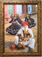 Original oil painting featuring Rajasthan's Ghoomar folk dancers, an elderly man with a handcrafted 3D wooden hookah, and traditional Marwari architecture.
