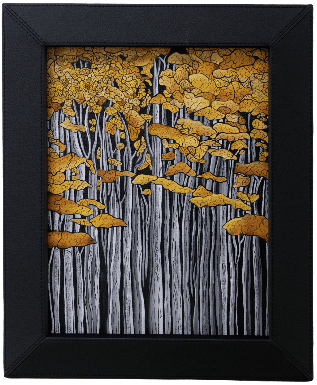 Original acrylic painting of slender birch trees beneath a golden autumn canopy, framed in black leather.