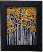 Original acrylic painting of slender birch trees beneath a golden autumn canopy, framed in black leather.