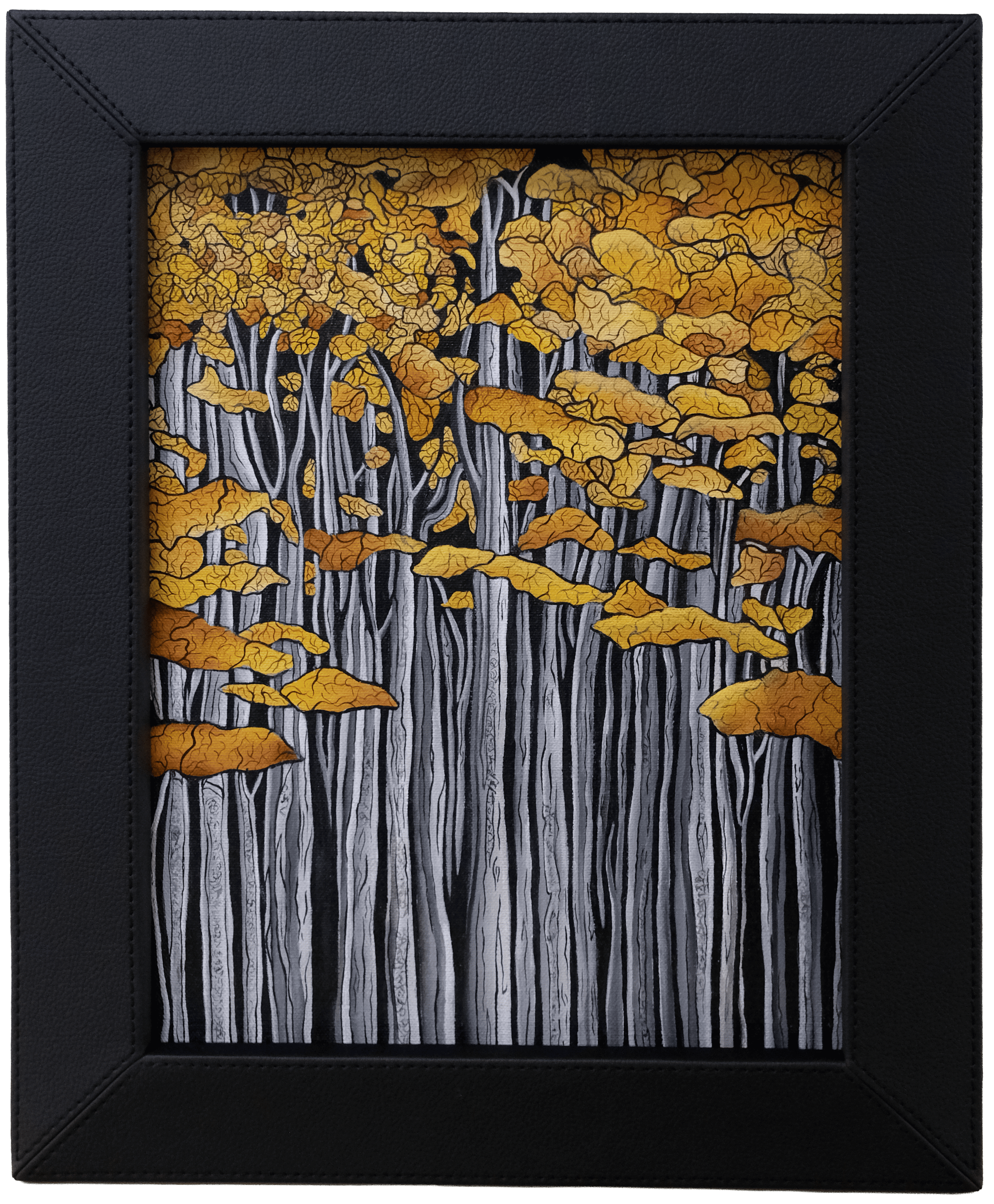Original acrylic painting of slender birch trees beneath a golden autumn canopy, framed in black leather.