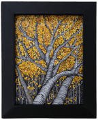 Original acrylic painting of intricate silver-grey tree branches covered in warm golden autumn leaves, framed in black leather.