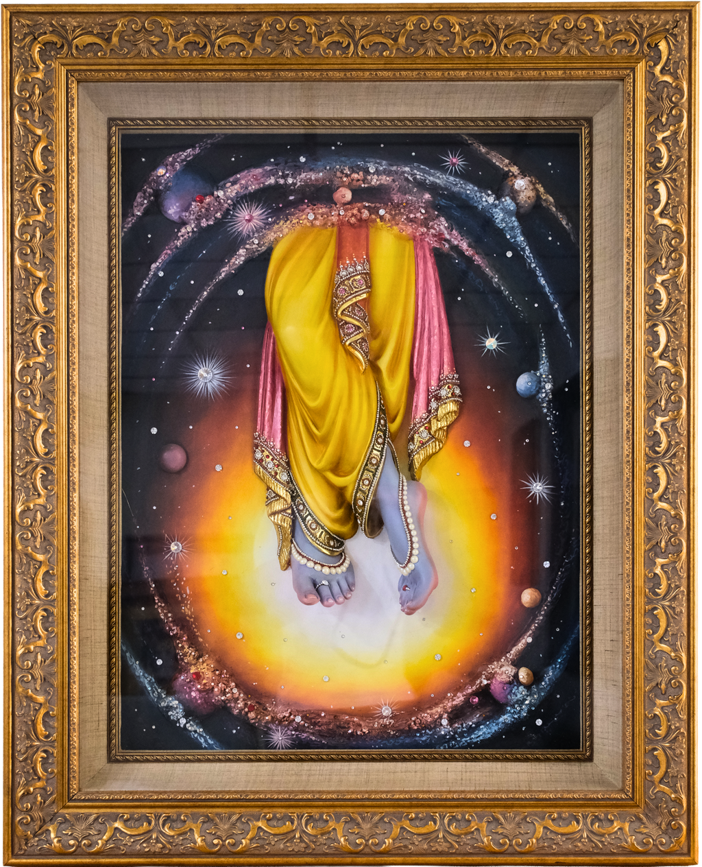 Original mixed-media artwork depicting the sacred feet of Lord Krishna within a glowing cosmic halo, inspired by Vrindavan, Nidhivan, and the divine Raas Leela.